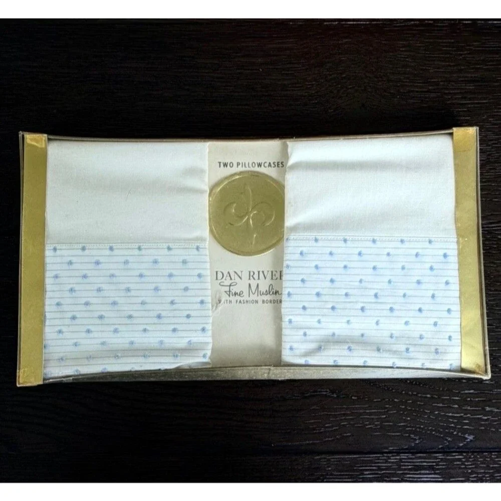 VTG Dan Rivers Pillowcases Blue Embroidered Starburst Box MCM NOS Estate
